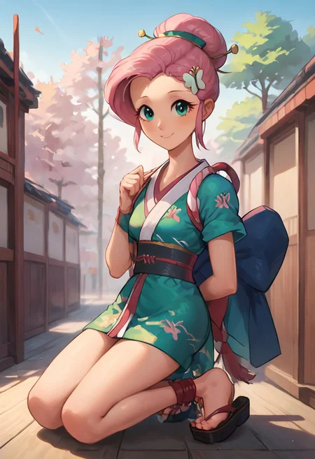 SFW, rating_all, score_10, score_8_up, score_7_up, Equestria girls, (((human))), 1female, (((solo))), (((Fluttershy) cosplaying) as Ayame), short hair, bangs, (pink hair), hair ornament, short sleeves, sidelocks, japanese clothes, kimono, hair bun, (aqua eyes), sash, obi, sandals, single hair bun, rope, hair stick, short kimono, platform footwear, ankle wrap, slender, smiling, detailed, vector, flat colors