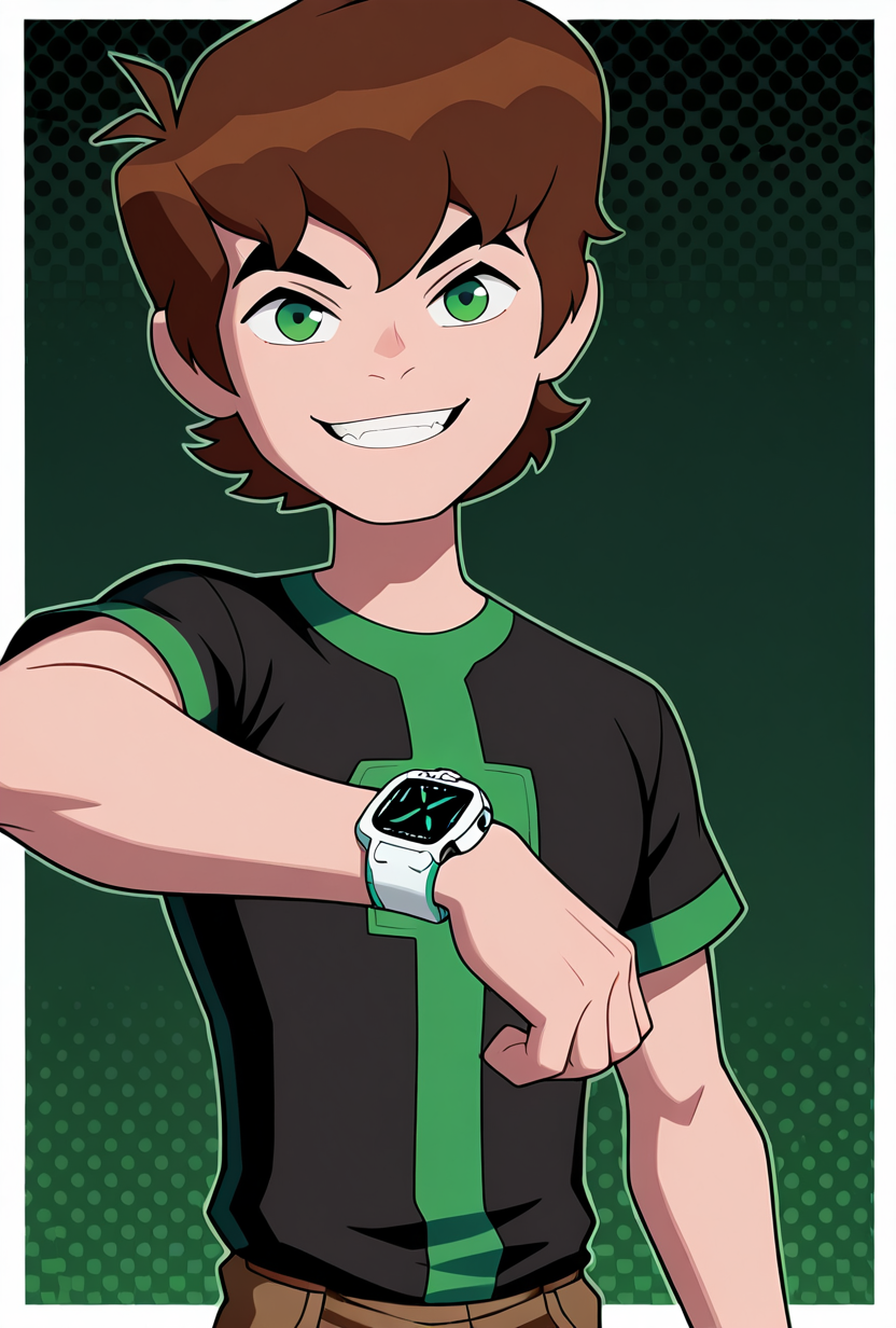 <lora:benov-07:1> benov, short hair, brown hair, 1boy, solo, black shirt, brown cargo pants, green strips, green eyes , short sleeves, thick eyebrows, white square smart watch, looking at viewer, smile, dark green background, dynamic pose, teeth, blenched teeth,, masterpiece, best quality, amazing quality, very aesthetic, absurdres, newest,, upper body, halftone effect, white borders, abstract background:1.2,
