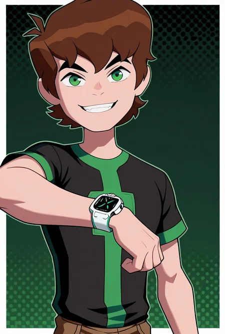<lora:benov-07:1> benov, short hair, brown hair, 1boy, solo, black shirt, brown cargo pants, green strips, green eyes , short sleeves, thick eyebrows, white square smart watch, looking at viewer, smile, dark green background, dynamic pose, teeth, blenched teeth,, masterpiece, best quality, amazing quality, very aesthetic, absurdres, newest,, upper body, halftone effect, white borders, abstract background:1.2,