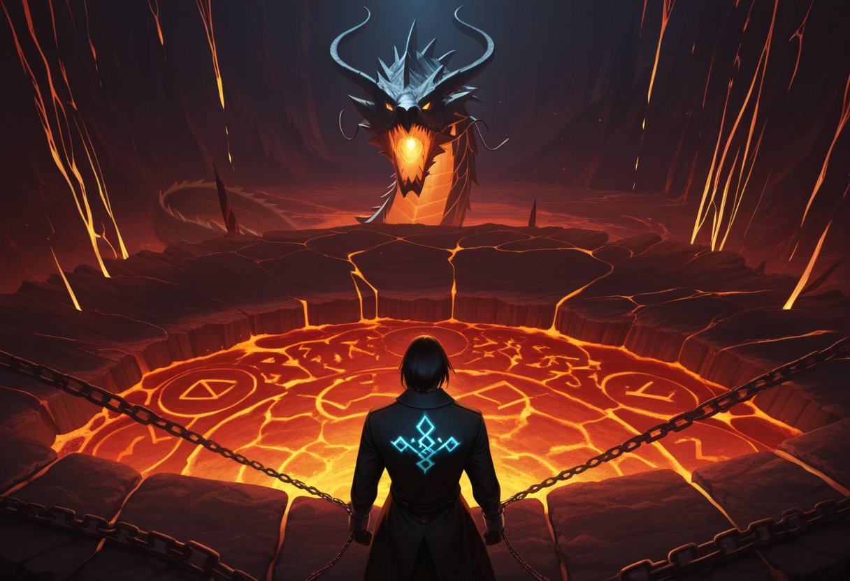 <lora:Layout1_IL:1>, layout1, masterpiece, absurdres, chained_dragon, glowing_runes, lava_cave, dramatic_lighting, red_ribbons, back_view, mystical_energy