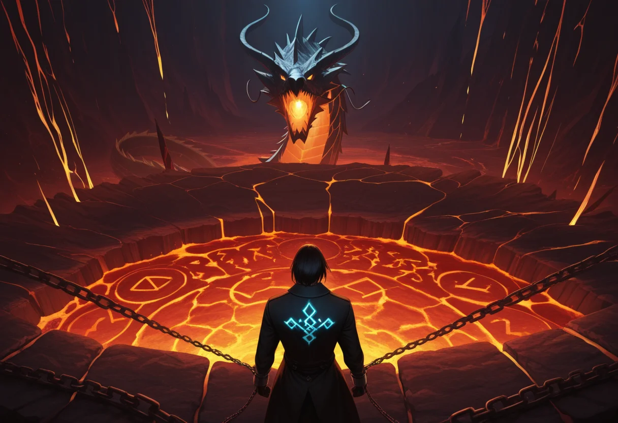 <lora:Layout1_IL:1>, layout1, masterpiece, absurdres, chained_dragon, glowing_runes, lava_cave, dramatic_lighting, red_ribbons, back_view, mystical_energy