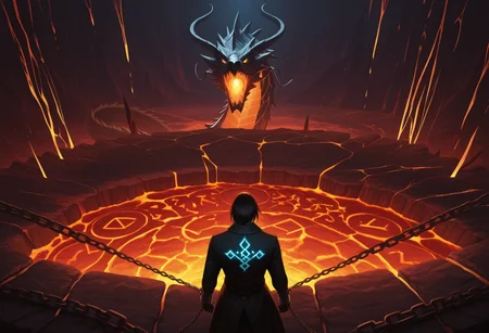 <lora:Layout1_IL:1>, layout1, masterpiece, absurdres, chained_dragon, glowing_runes, lava_cave, dramatic_lighting, red_ribbons, back_view, mystical_energy