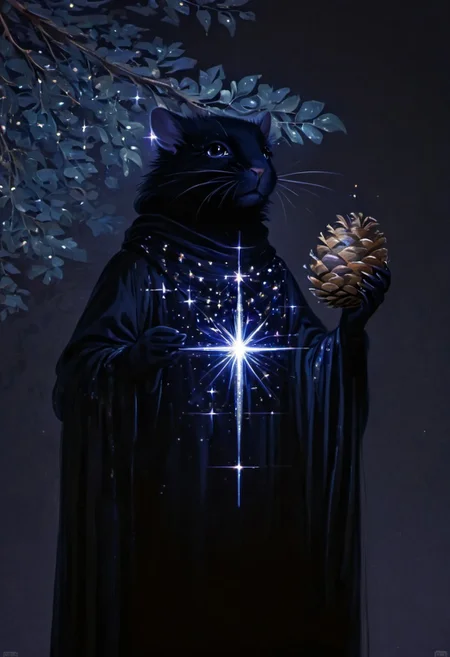 (a mice), red pupil, (in black european style palace clothes medieval glittering:1.7), stretches from a birch tree trunk, (hold up a giant holy pinecone:1.9), against a soft-focus black background, (detailed claw), (aaar7gl), (sparkle:1.9), (night), (very dark environment), moon, (gleam:1.9), painting, drawing, 8k uhd, dslr, soft lighting, best quality, film grain, masterpiece, aesthetic, animal focus, no human, (open mouth:1.7)