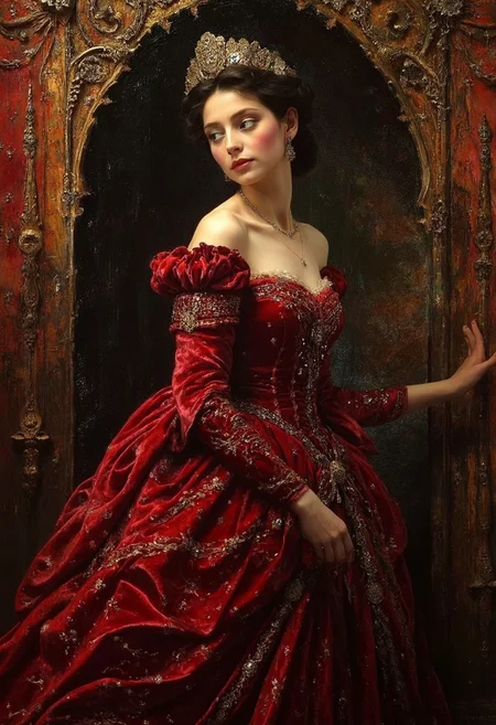A woman draped in a velvet dress, captured in tantalizing detail with cotton wool and beads adorning her attire. an abstract masterpiece, over-detailed, intricately blended with black-yellow and vivid red hues, reminiscent of olivia locher's flair, mark davis' creativity, miki asai's intricacy, william turner's technique, and rolf armstrong's vintage charm. echoing the genius of daniel merriam, ray caesar, mark ryden, the piece is a mesmer