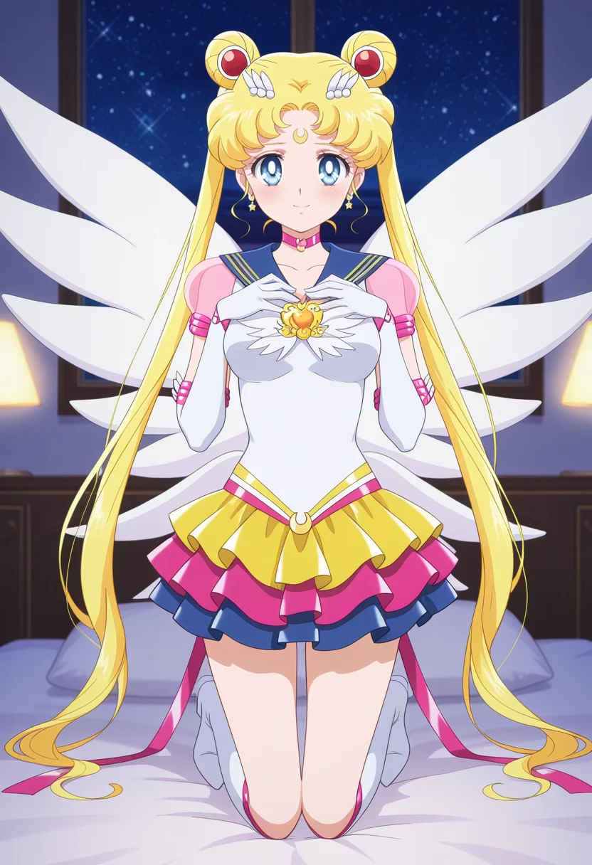 1girl,solo,<lora:eternal_sailor_moon.v3:1>,tsukino usagi,sailor moon,magical girl,blue eyes,sailor senshi uniform,twintails,sailor collar,jewelry,hair bun,crescent facial mark,forehead mark,choker,hair ornament,brooch,earrings,elbow gloves,layered skirt,multicolored skirt,star \(symbol\),see-through sleeves,puffy short sleeves,ribbon,knee boots,wings,
looking at viewer,blush,smile,hands_on_own_chest,breasts,kneeling on bed,night,hotel bedroom,
masterpiece,best quality,amazing quality,