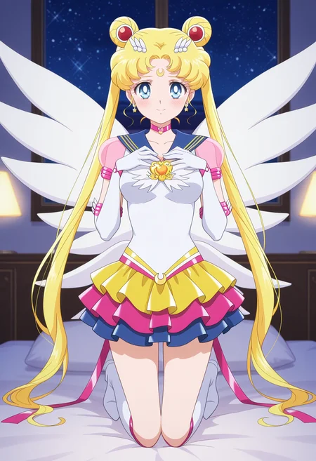 1girl,solo,<lora:eternal_sailor_moon.v3:1>,tsukino usagi,sailor moon,magical girl,blue eyes,sailor senshi uniform,twintails,sailor collar,jewelry,hair bun,crescent facial mark,forehead mark,choker,hair ornament,brooch,earrings,elbow gloves,layered skirt,multicolored skirt,star \(symbol\),see-through sleeves,puffy short sleeves,ribbon,knee boots,wings,
looking at viewer,blush,smile,hands_on_own_chest,breasts,kneeling on bed,night,hotel bedroom,
masterpiece,best quality,amazing quality,
