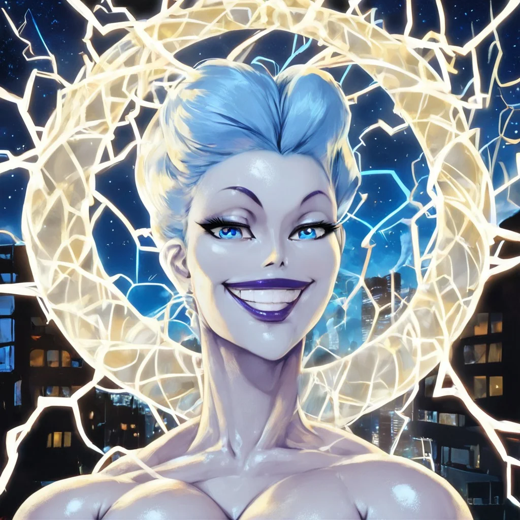 score_9, score_8_up, score_7_up, female, 1girl, solo, livewirexl, white skin, albino white skin, blue eyes, light blue hair, breasts, big breasts, huge breasts, cleavage, smirk, looking at viewer, outdoors, city, night time, moon, stars, electricity, lightning, detailed background, photorealistic, hyperrealistic, ultradetailed, photo background, OverallDetail,