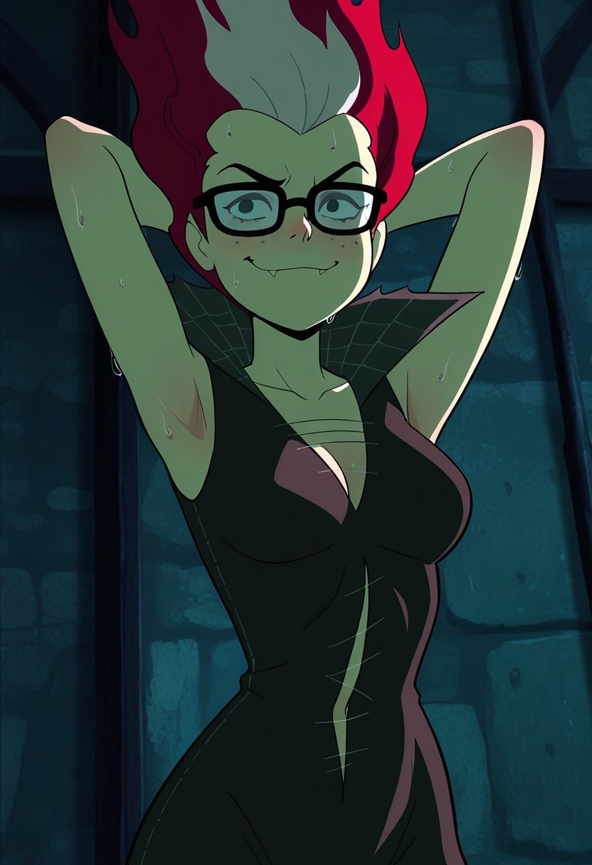 masterpiece, cartoon screencap, 
1girl, solo, dot eyes,, frankencreepy_velma, glasses, fiery hairstyle with white highlights, long form-fitting black dress, cleavage, sleeveless, hands behind head, fierce smile, sweaty