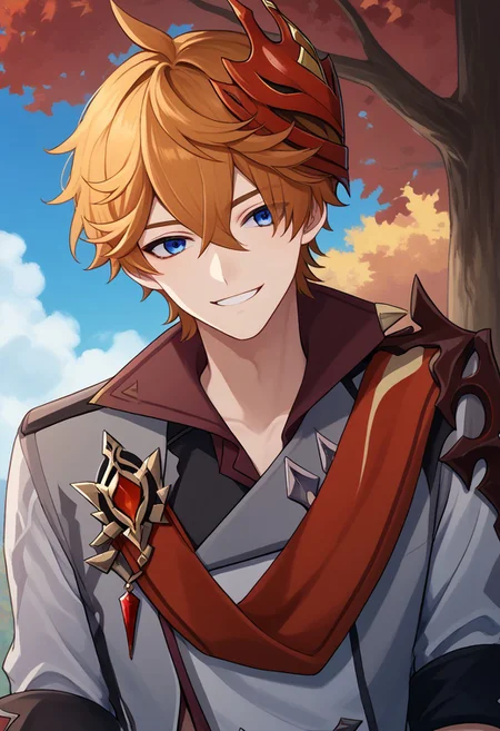 score_9, score_7_up, source_anime,
tartaglia, 1boy, male focus, solo, blue eyes, orange hair, short hair, hair between eyes, bangs, mask, mask on head, scarf, red scarf, jacket, grey jacket, sleeves rolled up, shoulder armor, jewelry, single earring, smile,
outdoor, sky, tree, cloud,
