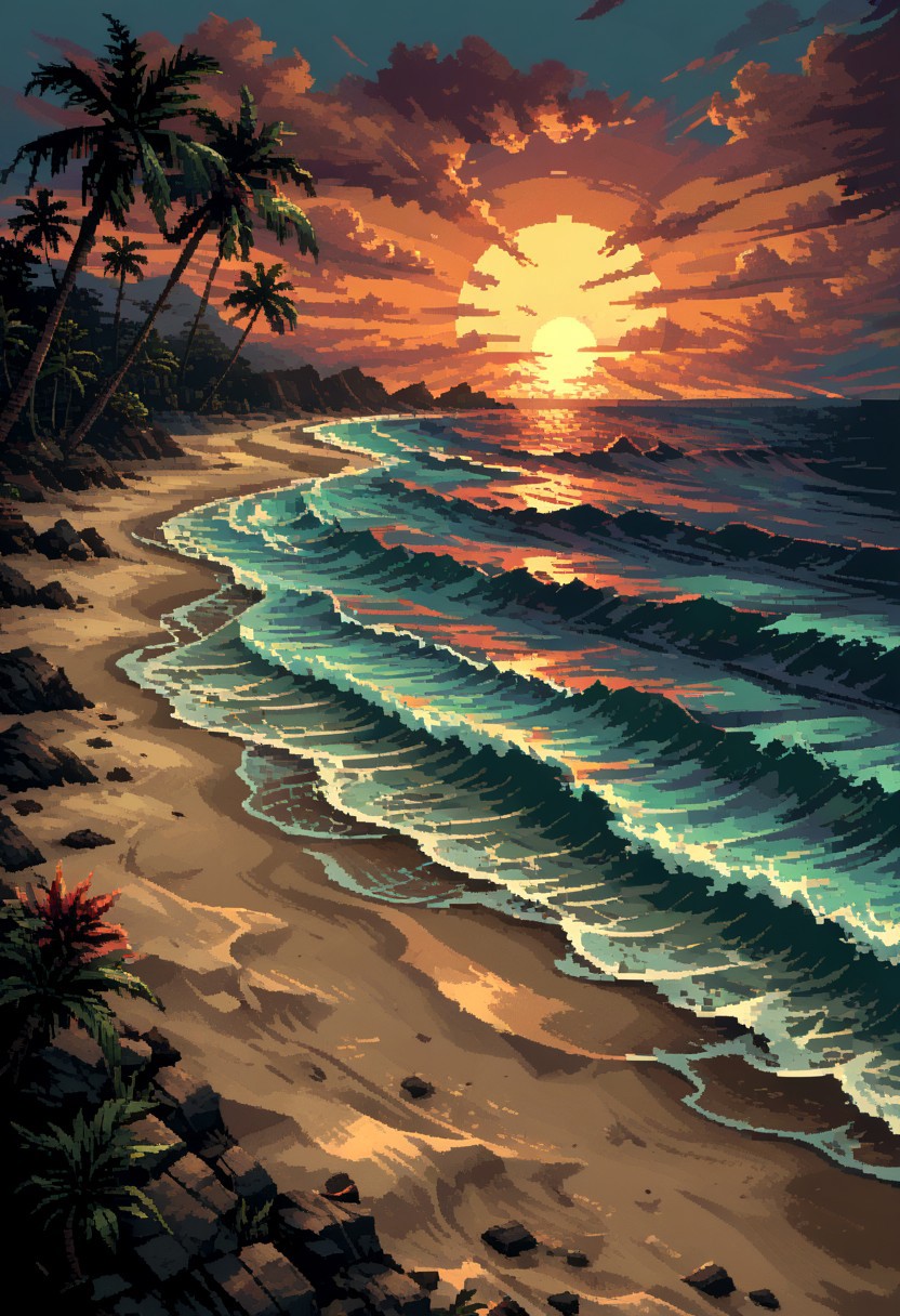 score_9, score_8_up, score_7_up, yamer_pixel_fusion, pixel art, beach, ocean, sunset, hyper-detailed, retrowave, lofi, d3p1x3l, pixel art