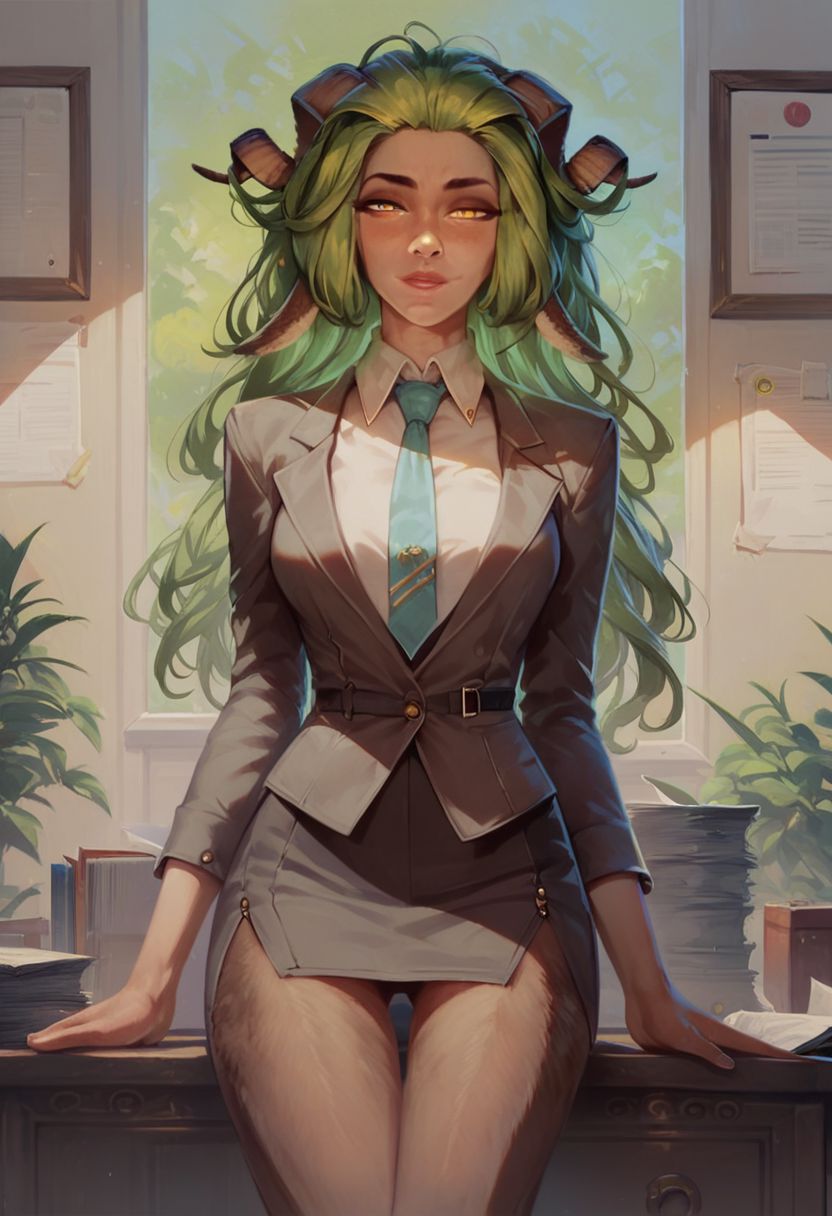 score_9, score_8_up, score_8, 1girl, green hair, goat eyes, detailed, high definition, perfect quality, yellow eyes, goat legs, seductive, posing, thigh gap, office setting, indoors, suit and tie, suit pants, dress shirt, tie, suit,