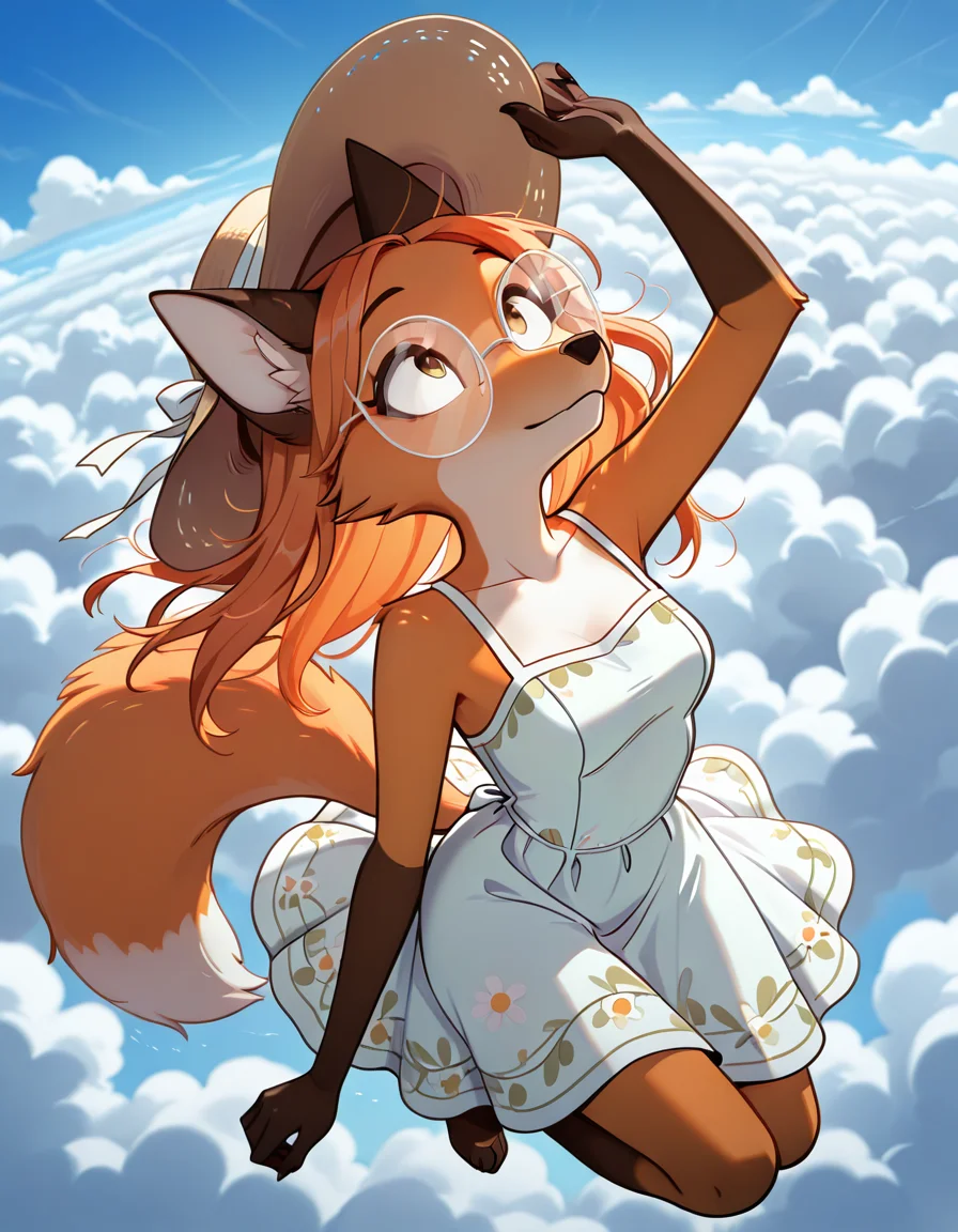 solo, 1girl, fox girl, glasses, long orange hair, looking up, holding sunhat, midair, floral sundress, sky, clouds, outstretch paw, arm up, from above,