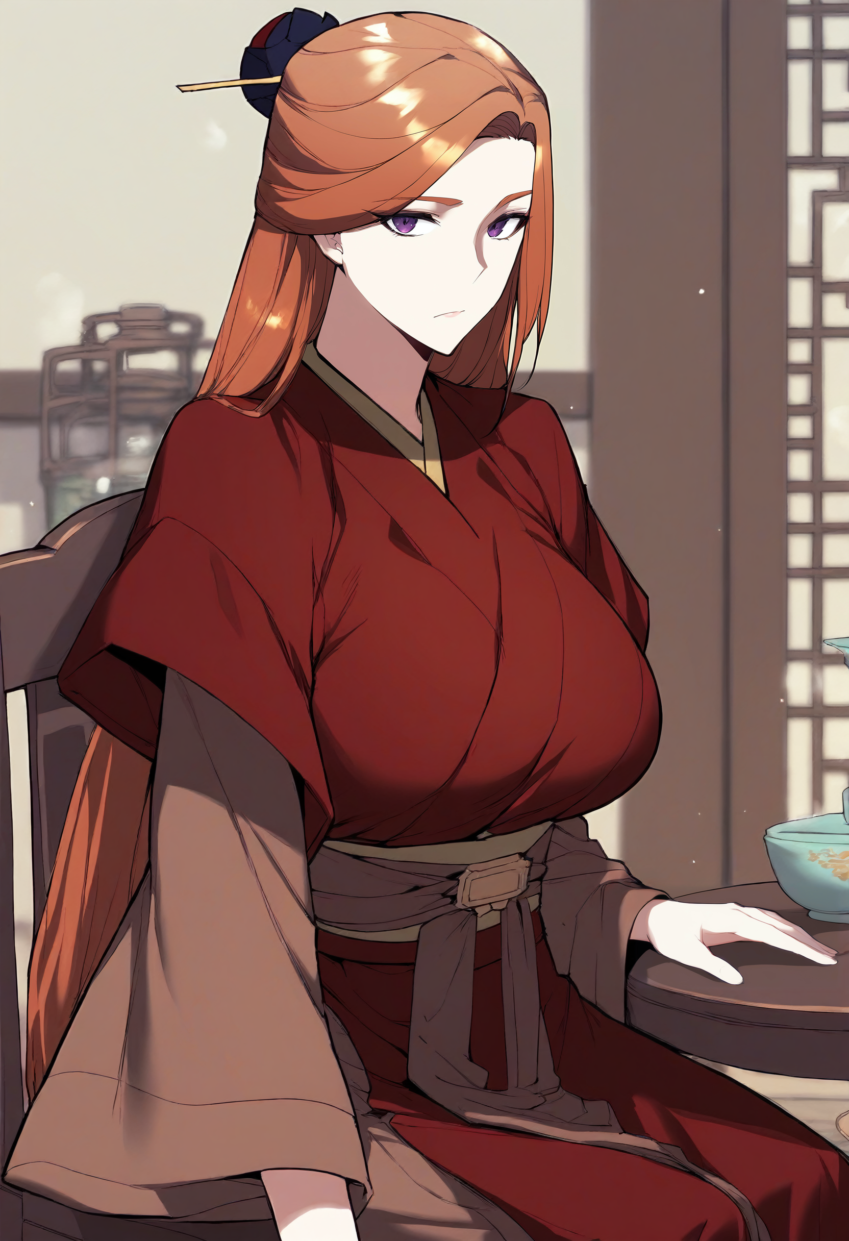 score_9, score_8_up, score_7_up, score_6_up, source_anime, rating_explicit, 1girl, solo, huge breasts, <lora:Tang Hualian prefectPonyxl:0.9> long hair, hair ornament, brown hair, purple eyes, hair stick, orange hair, half updo, chinese clothes, red robe, brown kimono, long sleeves, wide sleeves, sash, expressionless, indoors, looking at viewer, sitting, on chair, table, close-up