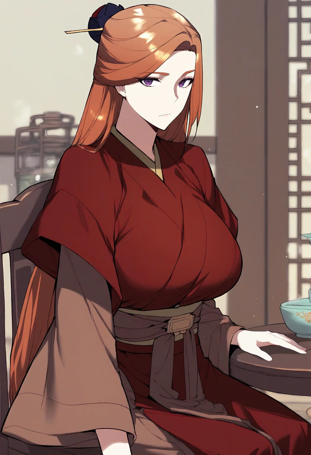 score_9, score_8_up, score_7_up, score_6_up, source_anime, rating_explicit, 1girl, solo, huge breasts, <lora:Tang Hualian prefectPonyxl:0.9> long hair, hair ornament, brown hair, purple eyes, hair stick, orange hair, half updo, chinese clothes, red robe, brown kimono, long sleeves, wide sleeves, sash, expressionless, indoors, looking at viewer, sitting, on chair, table, close-up