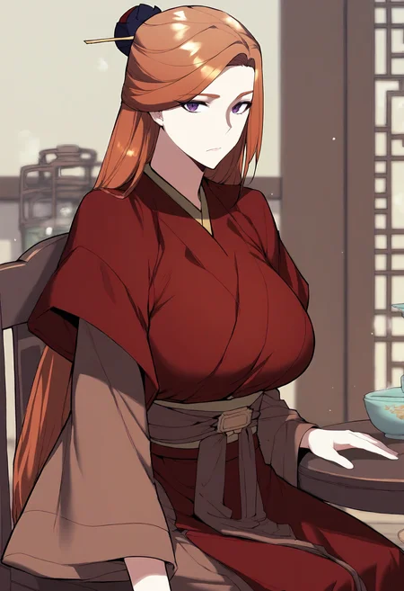 score_9, score_8_up, score_7_up, score_6_up, source_anime, rating_explicit, 1girl, solo, huge breasts, <lora:Tang Hualian prefectPonyxl:0.9> long hair, hair ornament, brown hair, purple eyes, hair stick, orange hair, half updo, chinese clothes, red robe, brown kimono, long sleeves, wide sleeves, sash, expressionless, indoors, looking at viewer, sitting, on chair, table, close-up