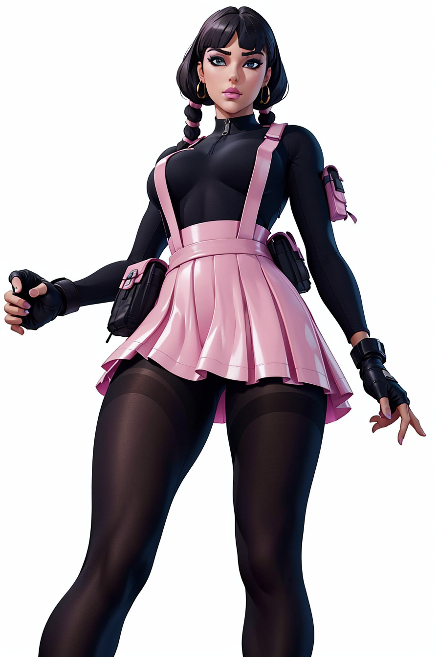 <lora:VRAMsChicPink:0.5> vramschic, 1girl, bangs, bodysuit, pink skirt, blunt bangs, twin braids, black hair, photoshoot, makeup, white background, simple background, fingerless gloves, suspenders, pantyhose, pouch, knee, from below, dominating