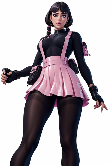 <lora:VRAMsChicPink:0.5> vramschic, 1girl, bangs, bodysuit, pink skirt, blunt bangs, twin braids, black hair, photoshoot, makeup, white background, simple background, fingerless gloves, suspenders, pantyhose, pouch, knee, from below, dominating