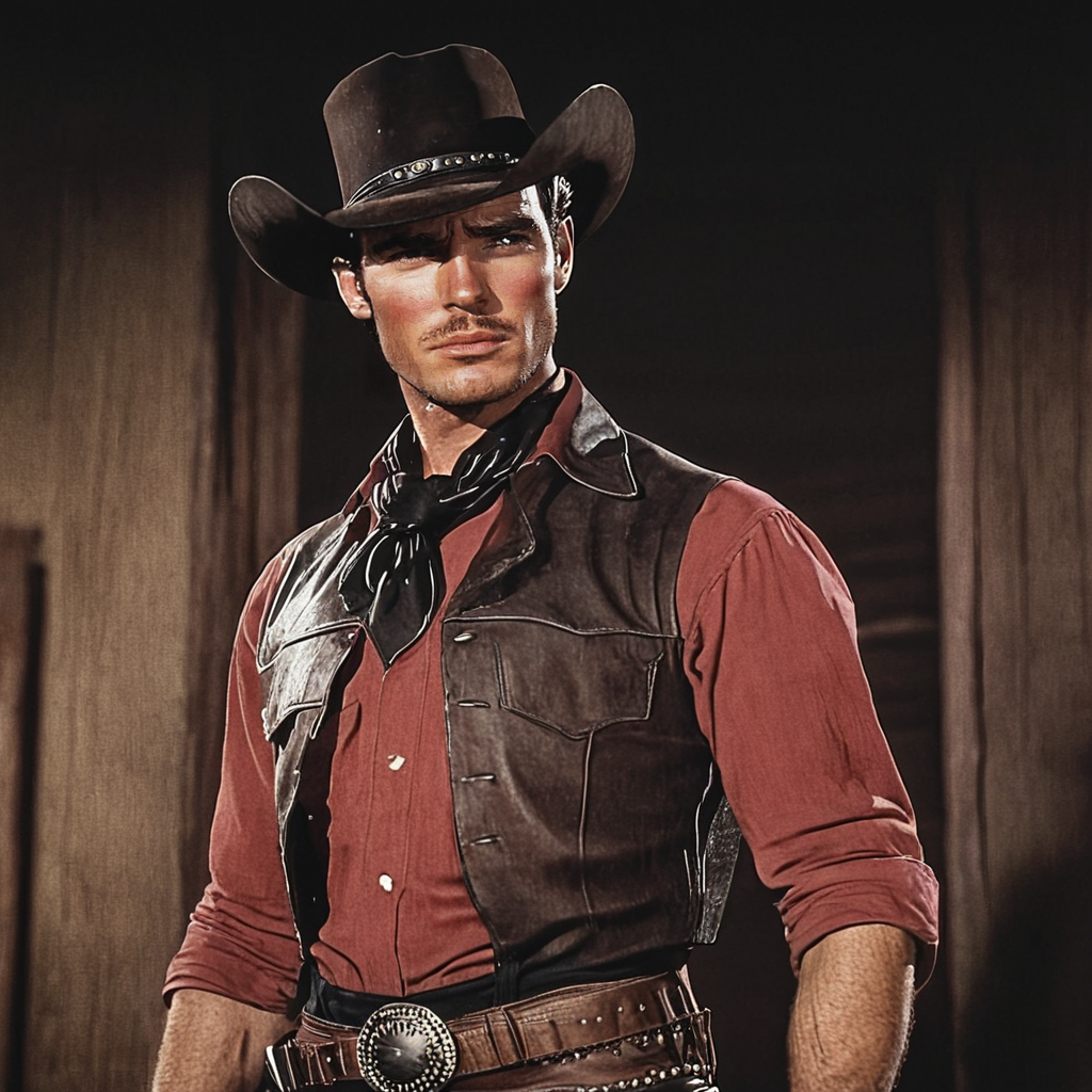 <lora:40s_Western_MovieSDXL:1> ArsMovieStill, movie still from a 1940s western movie, The image shows a man in a cowboy hat and leather vest standing and looking to the right side. He has a determined expression on his face and his posture is confident and strong. His hat is wide-brimmed and his leather vest is a deep brown color. He is wearing a black belt with a buckle and a black band around his waist., Man, male focus, solo, hat, facial hair, shirt, red shirt, belt, cowboy hat, black hair