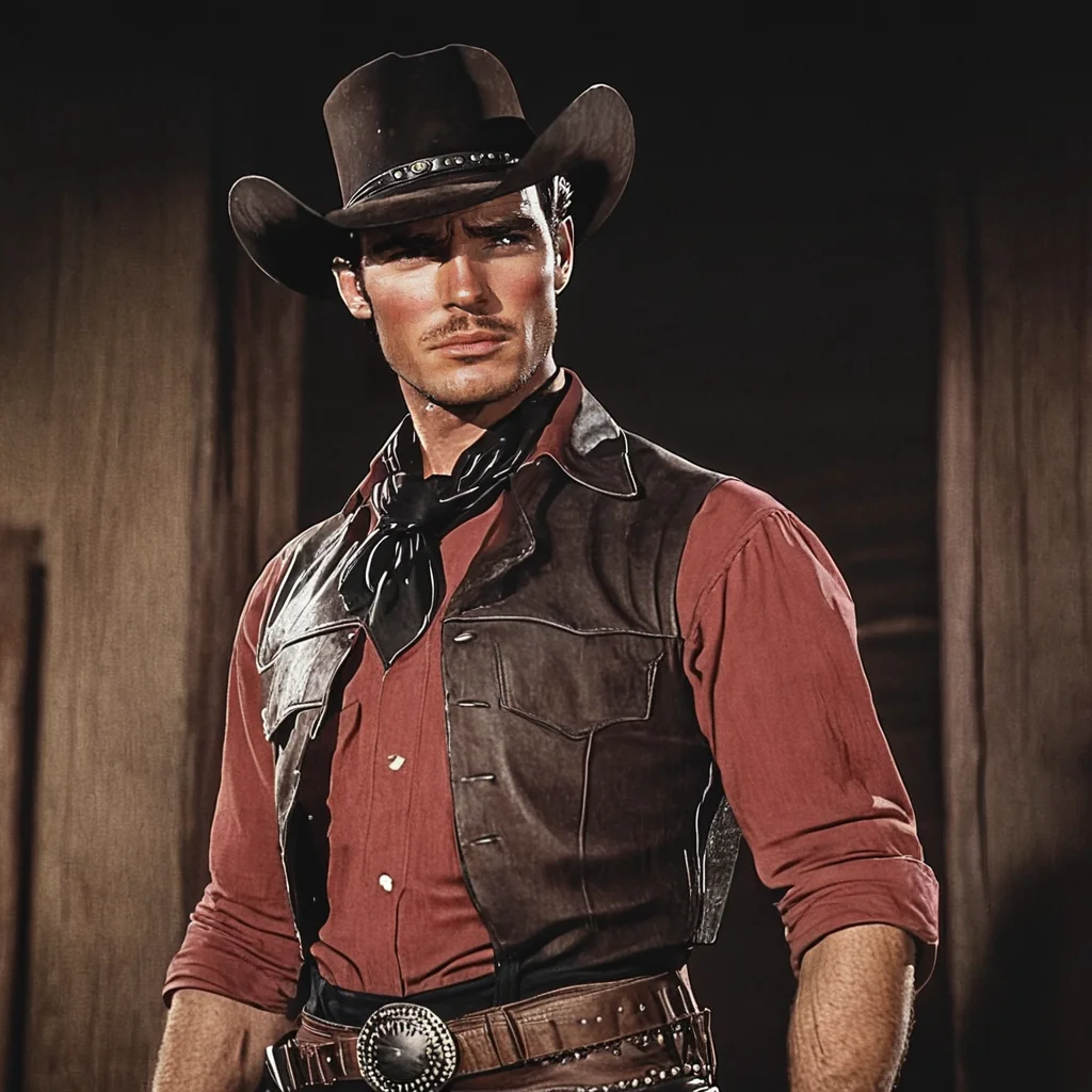 <lora:40s_Western_MovieSDXL:1> ArsMovieStill, movie still from a 1940s western movie, The image shows a man in a cowboy hat and leather vest standing and looking to the right side. He has a determined expression on his face and his posture is confident and strong. His hat is wide-brimmed and his leather vest is a deep brown color. He is wearing a black belt with a buckle and a black band around his waist., Man, male focus, solo, hat, facial hair, shirt, red shirt, belt, cowboy hat, black hair