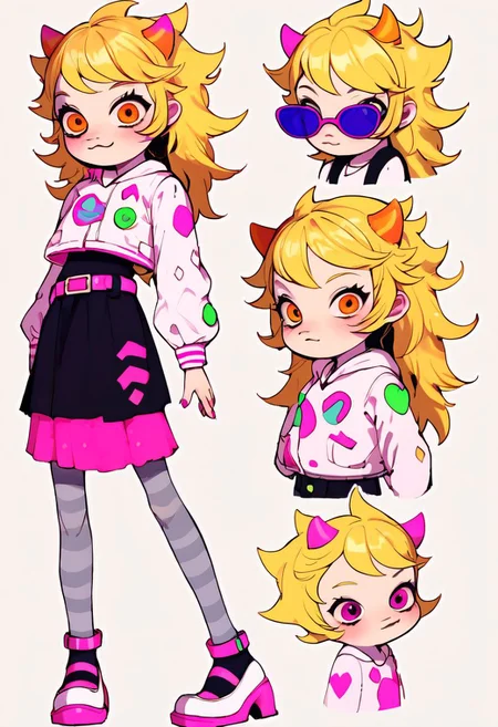 zPDXL, zPDXLxxx, score_9, score_8_up, score_7_up, score_6_up, BREAK CharacterDesignXL, reference sheet, (full body, from side, front:1.1), upper body, cartoon, homestuck, solo, simple background, transparent background, full body, standing, messy blonde hair, long hair, sunglasses, smile, leather jacket, crop jacket, white jacket, black dress, pink dress, pencil skirt, pink stripes on dress, belt, grey stockings, high heels,