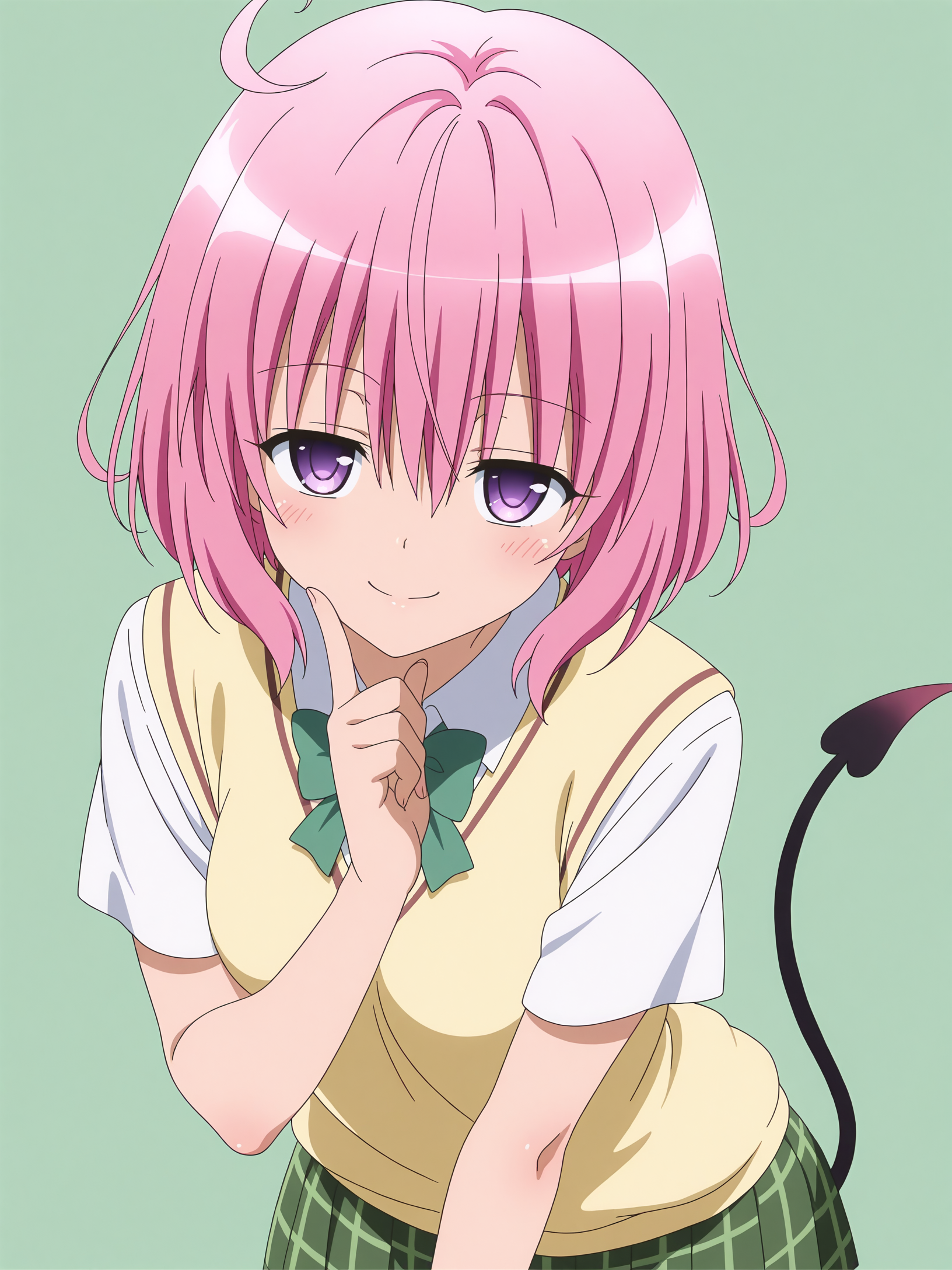<lora:momo velia deviluke:1>,momo,seductive smile,tail,school uniform,