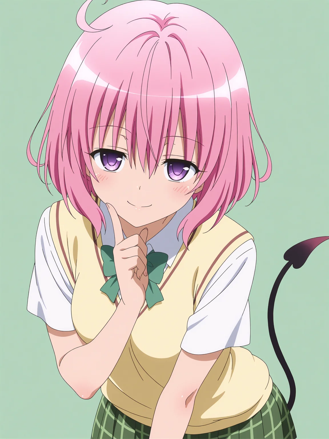 <lora:momo velia deviluke:1>,momo,seductive smile,tail,school uniform,