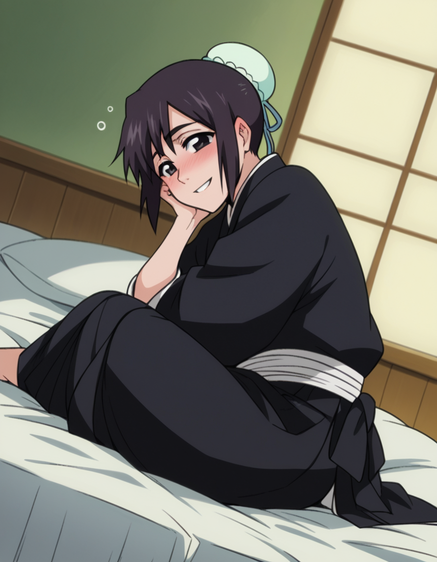 score_9, score_8_up, score_7_up, source_anime, <lora:momo-hinamori-anime-ponyxl-lora-nochekaiser:1>, momo hinamori, black hair, hair bun, single hair bun, bun cover, short hair, black eyes,, long sleeves, japanese clothes, kimono, haori, black kimono, hakama, black hakama,, indoors, bed, bed room, on side, blush, drunk,, smile, , foot forward, hand on shoulder, elbow out, solo,, cowboy shot, dutch angle