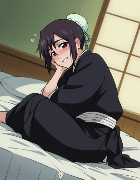 score_9, score_8_up, score_7_up, source_anime, <lora:momo-hinamori-anime-ponyxl-lora-nochekaiser:1>, momo hinamori, black hair, hair bun, single hair bun, bun cover, short hair, black eyes,, long sleeves, japanese clothes, kimono, haori, black kimono, hakama, black hakama,, indoors, bed, bed room, on side, blush, drunk,, smile, , foot forward, hand on shoulder, elbow out, solo,, cowboy shot, dutch angle