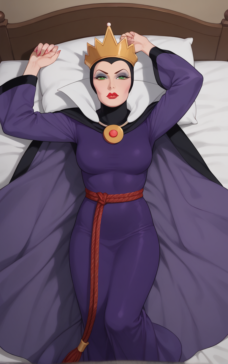 score_9, score_8_up, score_7_up, looking at viewer,  BREAK
Dress_QueenGrimhilde_ownwaifu,
1girl, crown,  makeup, lipstick, red lips,  green eyes,  eyeshadow, breasts,
red rope, rope belt, cape, dress, long sleeves, brooch, gem, robe, wide sleeves, purple dress, purple cape,  jewelry, high collar, silk,
(lying,  on bed, on back), pillow, from above, indoors, <lora:PONYXL_SnowWhite_QueenGrimhilde_ownwaifu:1> , depth of field, solo,