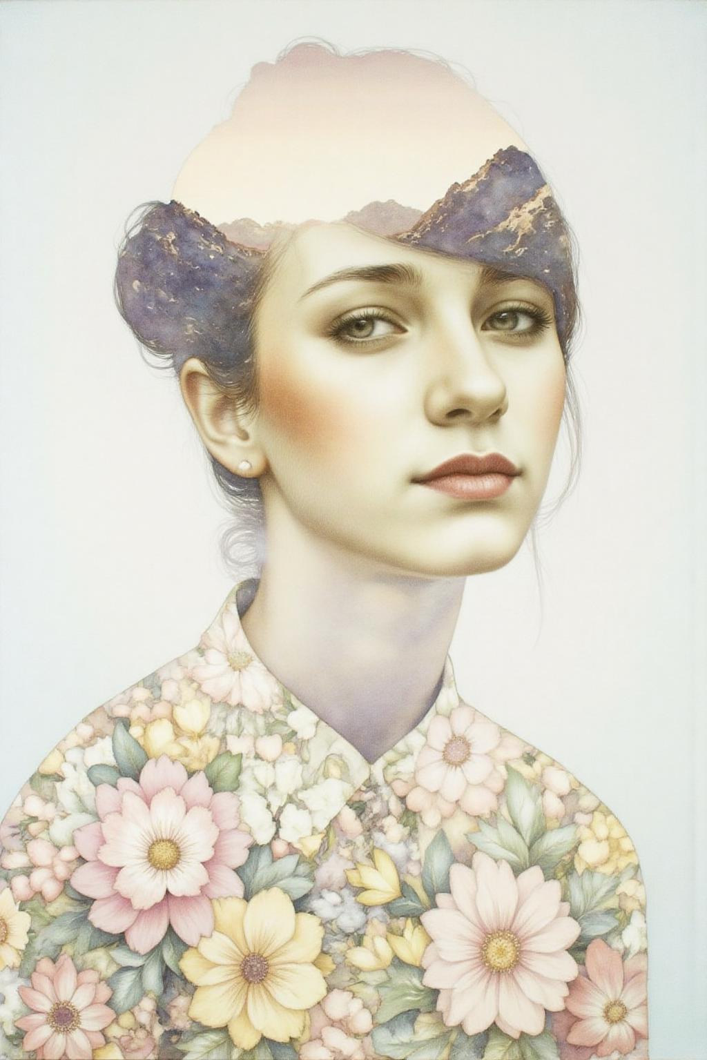 Portrait painting. A woman's face seamlessly integrated with a landscape scene. Her hair is styled in a bun, and she is wearing a garment adorned with a floral pattern in pastel shades. <lora:doubleexpopainting1_cap_d6a3e13:1.0><lora:850321056135646983:0>