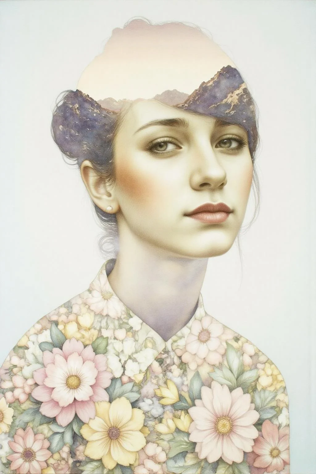 Portrait painting. A woman's face seamlessly integrated with a landscape scene. Her hair is styled in a bun, and she is wearing a garment adorned with a floral pattern in pastel shades. <lora:doubleexpopainting1_cap_d6a3e13:1.0><lora:850321056135646983:0>
