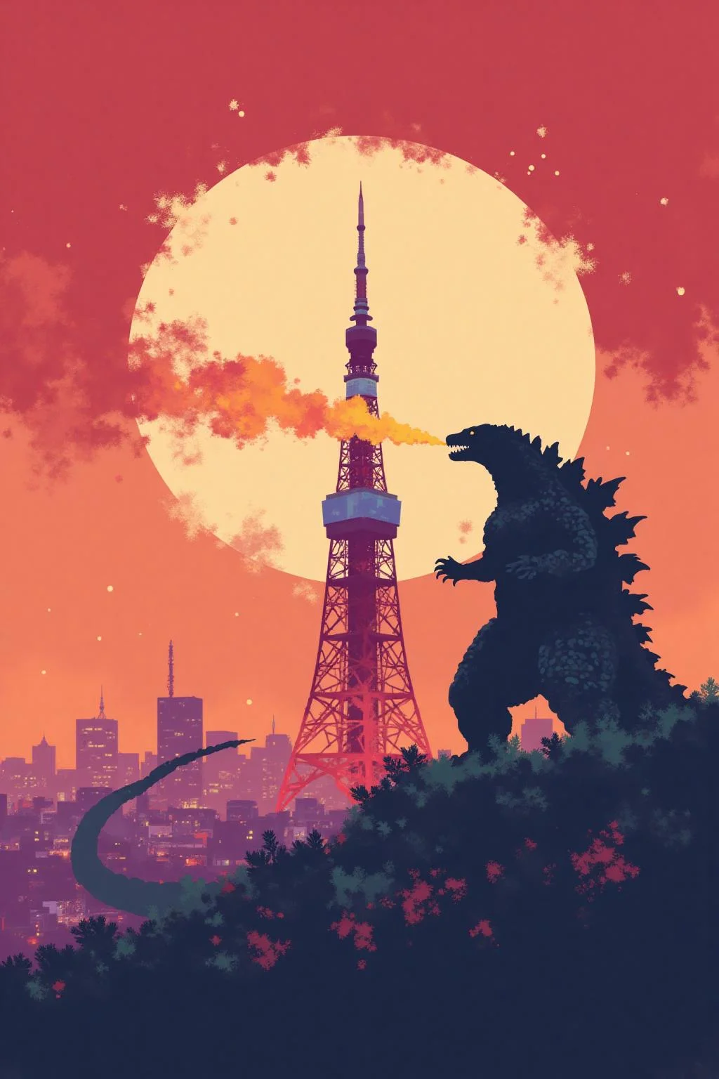 i11ustmin Illustration of Godzilla breathing fire on Tokyo tower <lora:minimalist_flat_illustration_nbm:1.0><lora:797682320296450820:0>