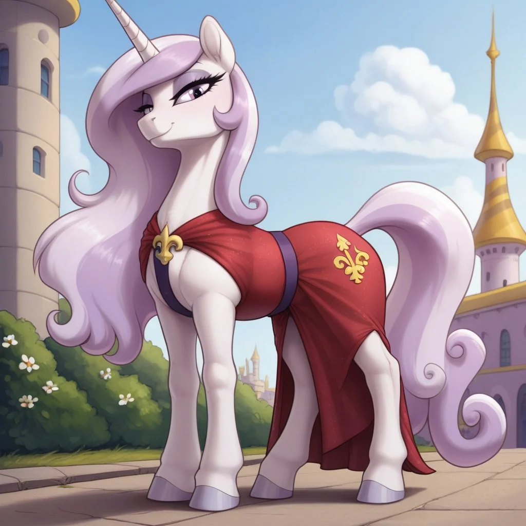 score_9, score_8_up, score_7_up, score_6_up, pony, unicorn, feral, mare, solo, solo female, (fleur de lis), anatomically correct, no breasts, outdoor, Canterlot, tail, (standing on 4 legs), photo_realistic, red dress, looking at you, front view, dramatic angle,