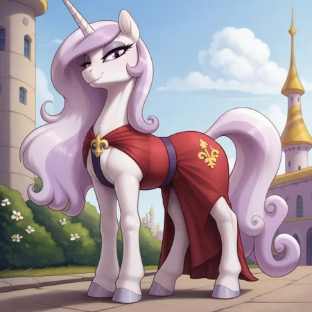 score_9, score_8_up, score_7_up, score_6_up, pony, unicorn, feral, mare, solo, solo female, (fleur de lis), anatomically correct, no breasts, outdoor, Canterlot, tail, (standing on 4 legs), photo_realistic, red dress, looking at you, front view, dramatic angle,