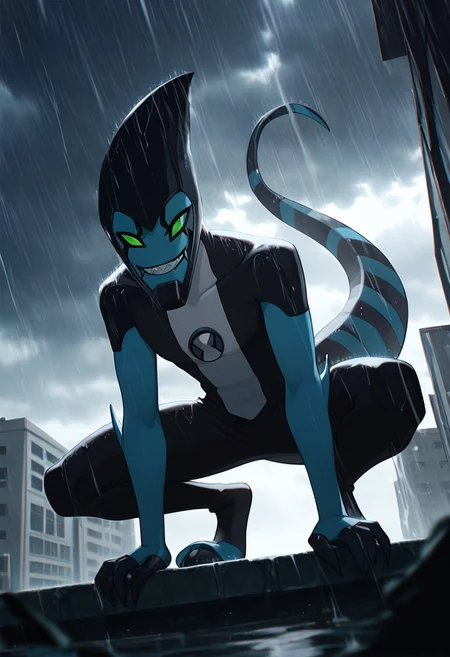 masterpiece, best quality, amazing quality, very aesthetic, absurdres, newest,, detailed background,
movie scene, cinematic scene, cinematic, foreground blur, depth of field,
xlr8, blue skin, green eyes, 1boy, stripped tail, reptile tail, green sclera, pokemon (creature), alien, black chin,
big smile, sharp teeth, grin,
on building, crouching, heavy rain, smile, looking at viewer, big smile, teeth, grin, gray sky, cloudy,