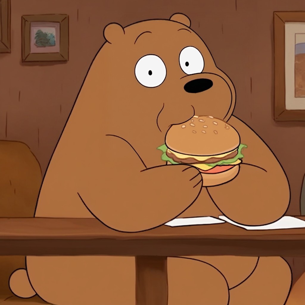 score_9, score_8_up, score_7_up, grizz, 1boy, male focus, furry male, anthro, solo, grizzly bear, brown fur, black eyes, dot eyes, black nose, small ears, bear tail, paw pads, sitting, at table, eating burger, wide-eyed, looking at viewer, from side, indoors, living room
