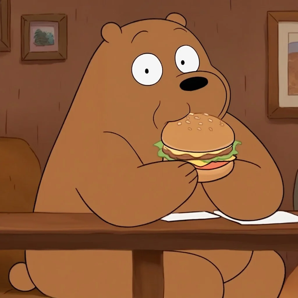 score_9, score_8_up, score_7_up, grizz, 1boy, male focus, furry male, anthro, solo, grizzly bear, brown fur, black eyes, dot eyes, black nose, small ears, bear tail, paw pads, sitting, at table, eating burger, wide-eyed, looking at viewer, from side, indoors, living room