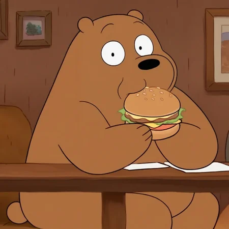 score_9, score_8_up, score_7_up, grizz, 1boy, male focus, furry male, anthro, solo, grizzly bear, brown fur, black eyes, dot eyes, black nose, small ears, bear tail, paw pads, sitting, at table, eating burger, wide-eyed, looking at viewer, from side, indoors, living room