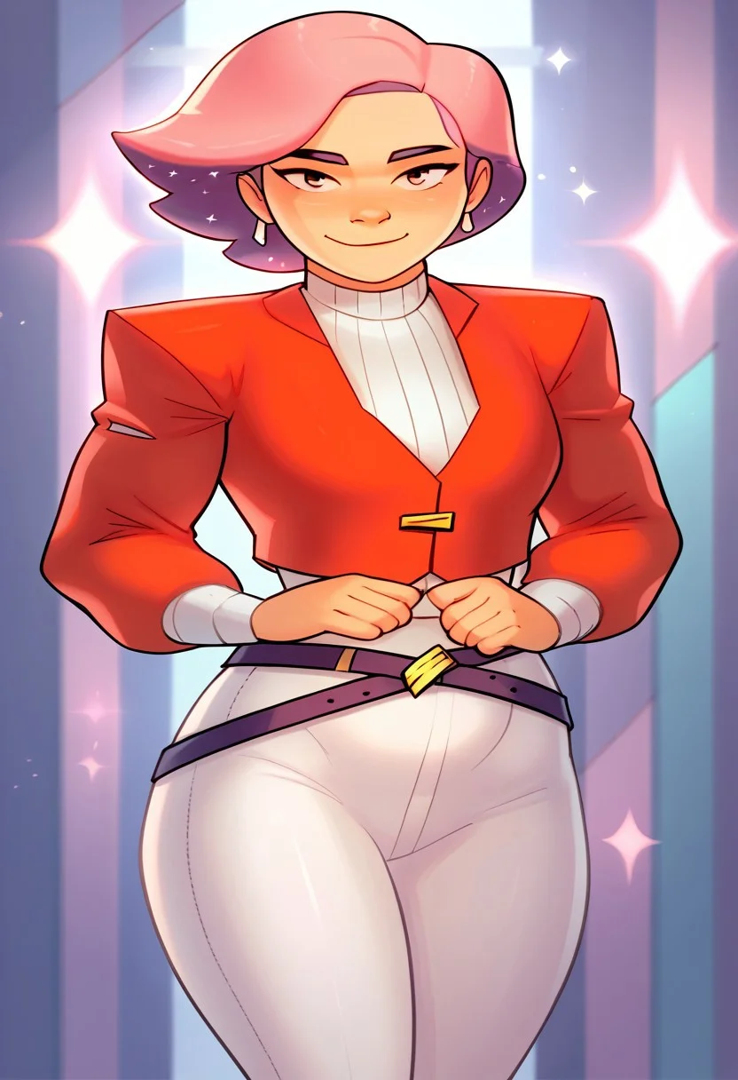 score_9, Score_8, relatedguy, solo, 1girl, CHGlimmer, wearing red blazer, and wearing white long sleeve shirt, wearing a belt, looking at viewer, standing, facing viewer, shrugging, brightmoonbedroom