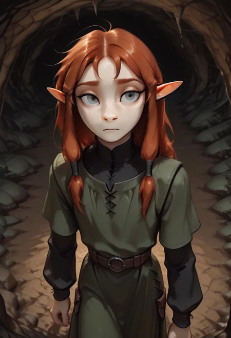 1person, (Lapanya), Malgha, freckles, pointy ears, Long-sleeve black shirt, green tunic,
Close up, high angle,
Underground, organic cavern,
Cartoon style,