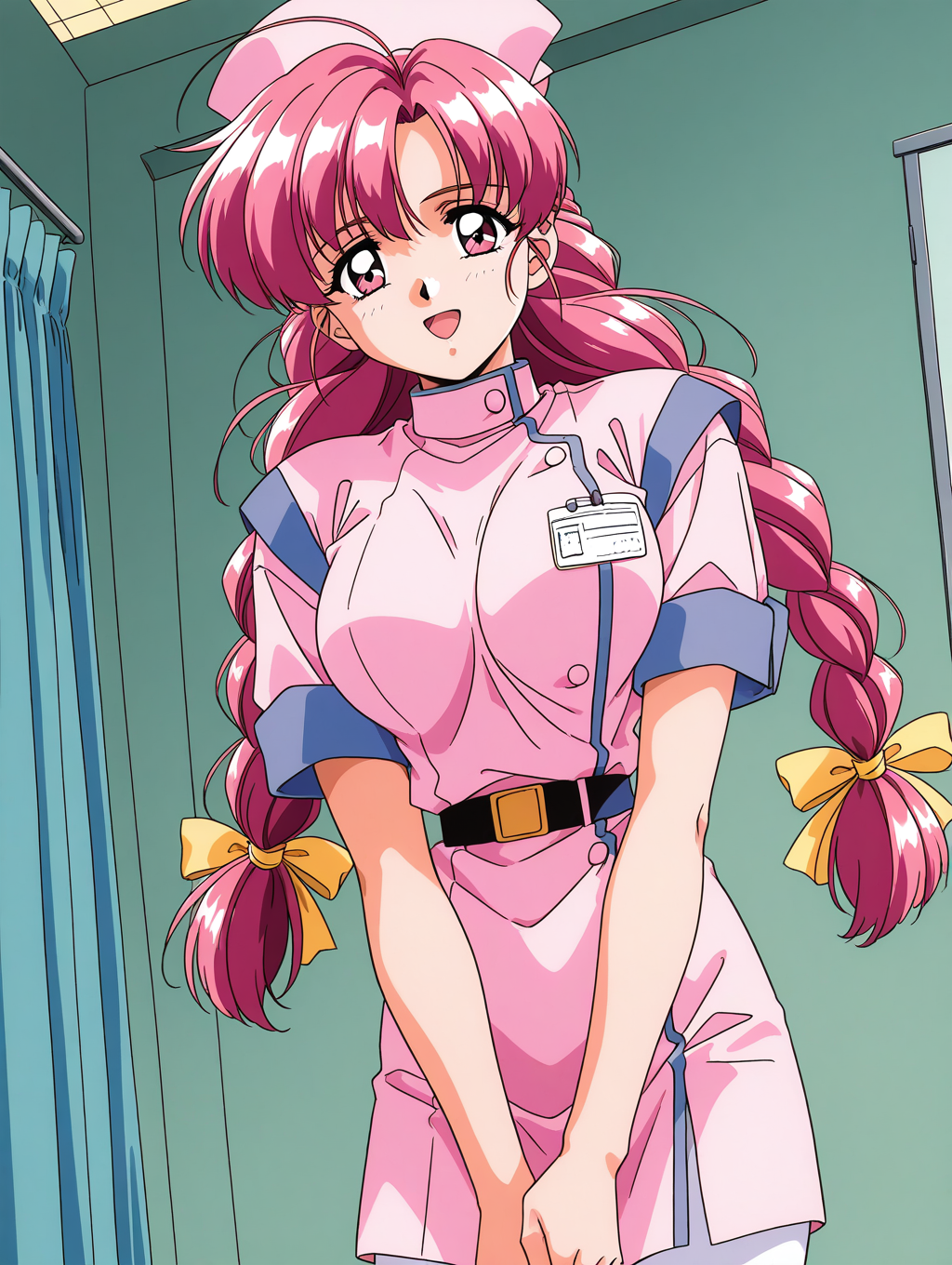 general,highres, ultra-detailed,very aesthetic,best quality ,best hands,  BREAK,  <lora:Makino_Rie_OVA_IS:1>, Makino_Rie_OVA, 1girl,solo, long hair, pink hair, 1990s \(style\),anime coloring, 
twin braids, bangs, hair ribbon, Yellow ribbon, large breasts, ahoge, pink eyes, BREAK, nurse, asymmetrical, nurse cap, left line, belt,  name tag, button, nonomura byouin no hitbito,
free pause,
open mouth, looking at viewer, indoors, pantyhose, smile, short sleeves, ribbon, cowboy shot,