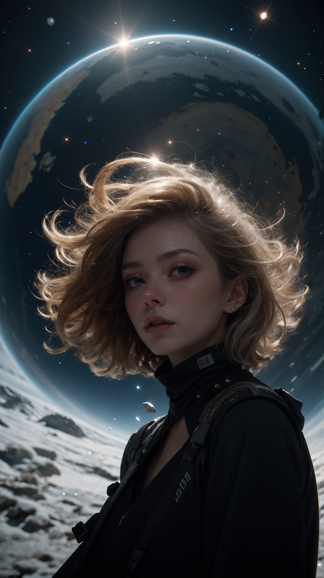 1girl, cosmic, black dress, glass, <lora:Hellasthetic v2:0@0:1@0.1>, 1girl, silver, fractal_art, Space-time distortion, Horizon, Colony, backlighting, elegant, Glowing white hair, black planet generator, High ceiling, Ice Planet, Planet Collision, blizzard crystal, winid, storm, float, close-up, Blue light line, collapse, 35mm photograph, film, bokeh, professional, 4k, highly detailed, <lora:epiC35mm:0.9>, lens flare,