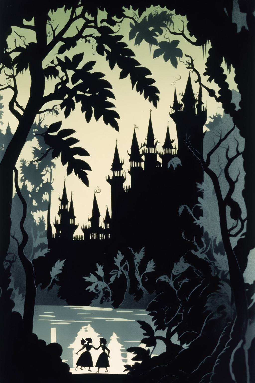 <lora:Lotte Reinige Style:1>Lotte Reinige Style - A Lotte Reiniger animation, Arab castle seen through the woods