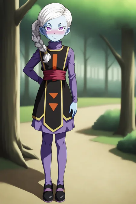 score_9, score_8_up, score_7_up, score_6_up, BREAK, KusuDBSPXL, colored skin, blue skin, purple eyes, white hair, single braid, side ponytail, long hair, flat chest, turtleneck, purple undershirt, long sleeves, black dress, red sash, underskirt, purple skirt, purple pantyhose, black footwear, solo, full body, standing, seductive smile, looking at viewer, naughty face, nose blush, forest, tree <lora:KusuDBSPXL:1>