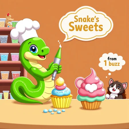A cute snake baker, coiled in front of a bakery counter filled with colorful, cartoonish cakes and pastries. The snake wears a tiny chef’s hat and has flour dusted on its scales. It uses its tail to pipe frosting onto a cupcake shaped like a mouse, while a playful kitten peeks from behind the counter, watching curiously. The background features shelves stacked with jars of sprinkles and a cheerful "Snake’s Sweets" sign. ((There is another sign proclaiming "from 1 buzz".))