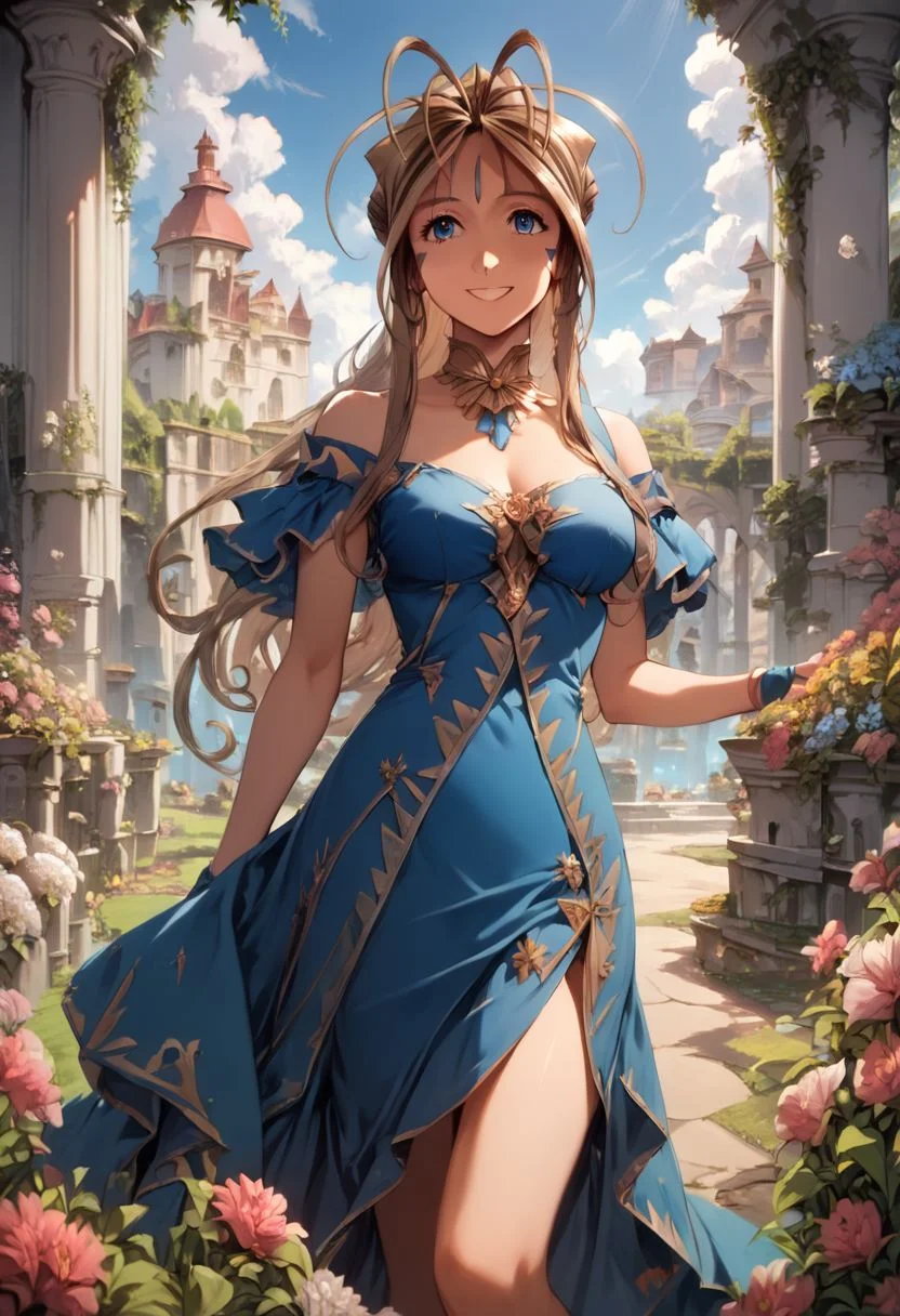 score_9, score_8_up, score_7_up, Belldandy, smile, blue dress, jewelry, cowboy shot, garden, outdoors, mansion, flowers, sky, (high resolution), ((masterpiece)), (highest quality), 4k wallpaper, detailed face, detailed eyes, beautiful eyes, delicate features, anime style