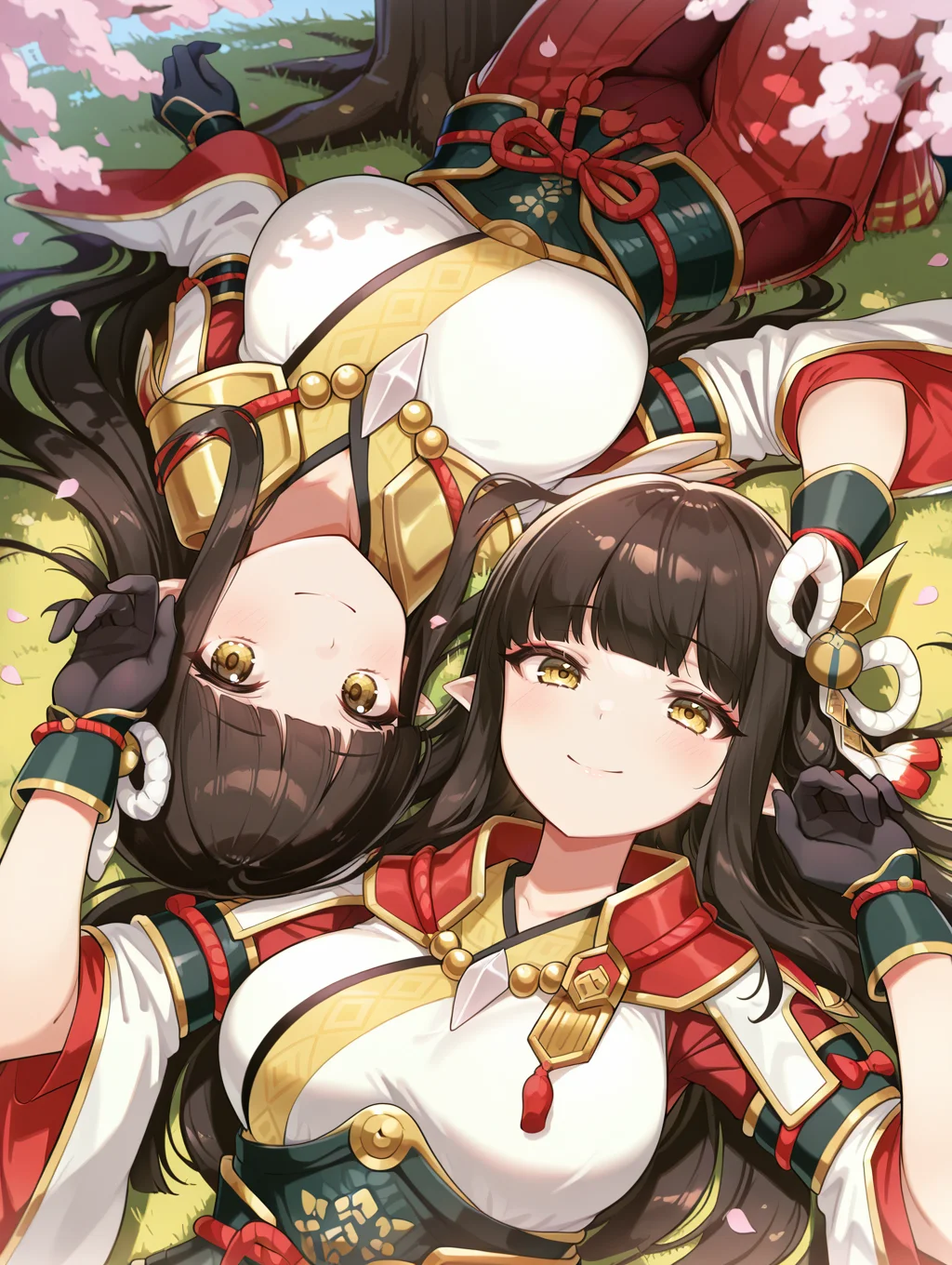4 finger hands,twins,minoto,hinoa,2girls,looking at viewer,smile,lying,blush,closed mouth,large breasts,red eyeliner,upper body,side hair ornament,white japanese clothes,black partially fingerless gloves,red hakama skirt,double hair ornament,white kimono,red sleeves,black gloves,lying,grass,under tree,cherry blossoms,petals,from above
masterpiece,best quality,amazing quality,very aesthetic,absurdres,newest,<lora:Minoto and Hinoa illuXL v1.1:0.86>,