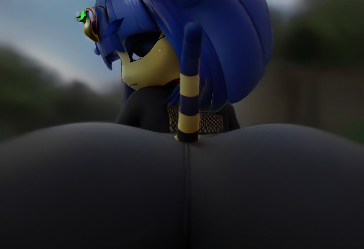 zPDXL, zPDXLxxx, BREAK <lora:Ankha_HD_Animal_Crossing_for_PonyXL:0.9>,ankha \(animal crossing\), 3d, 1girl, outdoors, yellow fur, furry, two-tone fur, blue hair, furry female, animal ears, tail, fishnet clothing, fishnet topwear, black tight legwear, choker, bell collar, hands on hips, anthro, felid, feline, body fur, short hair, hair ornament, cat ears, animal feet, felis, leggings, domestic cat, blue fur, feet, snake hair ornament, city street, day, barefoot, cat tail, cat girl, sky, blunt bangs, blue eyeshadow, egyptian, hair, blue sky, covered nipples, nipple tape, looking at viewer, toes, closed mouth, outside, animal nose, flat chest, white fur, fur, stomach, black eyes, bob cut,from below, turned around, back view, ass, looking back over shoulder, from below, ass close up,  shiny black leather leggings, facesitting pov, perfect ass, fixed body, slime, open mouth, fixed tail, smile, mouth open, grin, love hearts,