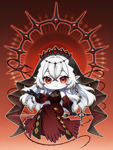 1girl, solo, chibi, transparent background, smile, full body, sitting, white skin, looking at viewer, large breasts, closed mouth, rapier, blazing cartesia the virtuous, black gauntlets, red dress, red detached sleeves, thorns, black bridal veil
masterpiece,best quality,amazing quality,very aesthetic,absurdres,newest,<lora:blazing cartesia the virtuous illuXL v1.2:0.8>,
