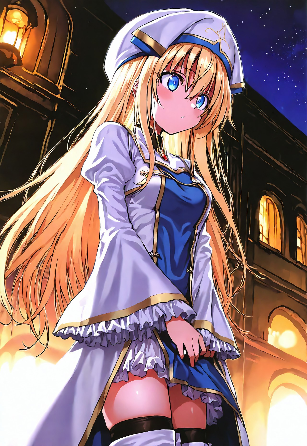 high contrast, masterpiece, best quality, amazing quality, very aesthetic, high resolution, ultra-detailed, absurdres, 1girl, solo, shigoblitess, long hair, very long hair, blonde hair, hair between eyes, white headwear, cleric headdress, blue eyes, long sleeves, wide sleeves, puffy sleeves, frilled sleeves, juliet sleeves, white dress, frills, medium breasts, white thighhighs, thigh boots, white footwear, 40010p, shigoblitessrng, late night, addmicrodetails